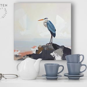 Pintura de garza azul grande sobre lienzo o póster, impresión artística de pared, obra de arte abstracto de paisaje costero neutro y apagado, decoración moderna de aves marinas oceánicas imagen 10
