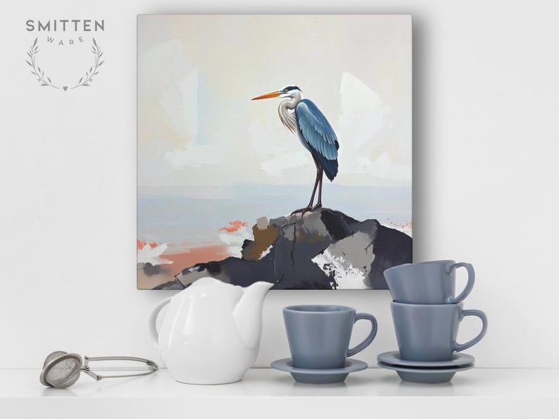 Pintura de garza azul grande sobre lienzo o póster, impresión artística de pared, obra de arte abstracto de paisaje costero neutro y apagado, decoración moderna de aves marinas oceánicas imagen 10