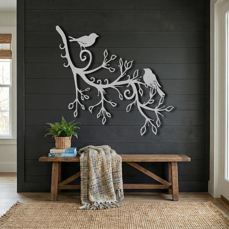 Silver metal birds on branch wall art, farmhouse entryway decor.