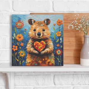 Impresión artística de Quokka sobre lienzo enmarcado o papel de póster, obra de arte en pintura, lindo animal con corazón y flores, regalo de decoración de San Valentín para ella imagen 4
