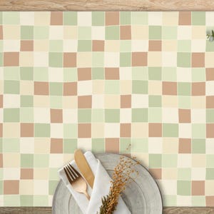 Light Green Checkerboard Placemats and Table Runner Set, Modern Geometric Spring Place Setting, Sage, Beige & Tan Dining Room Table Decor
