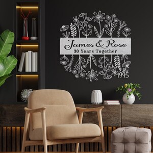 30th Wedding Anniversary Gift for Parents, 30 Years Together Wildflower Metal Name Sign Wall Art, Custom Flower Anniversary Gift for Husband image 12