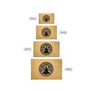May include: Four doormats with a brown background and a black silhouette of a meditating Buddha figure inside a circle of leaves and roots. The doormats are available in four sizes: 18x12 inches, 24x16 inches, 30x18 inches, and 36x24 inches.
