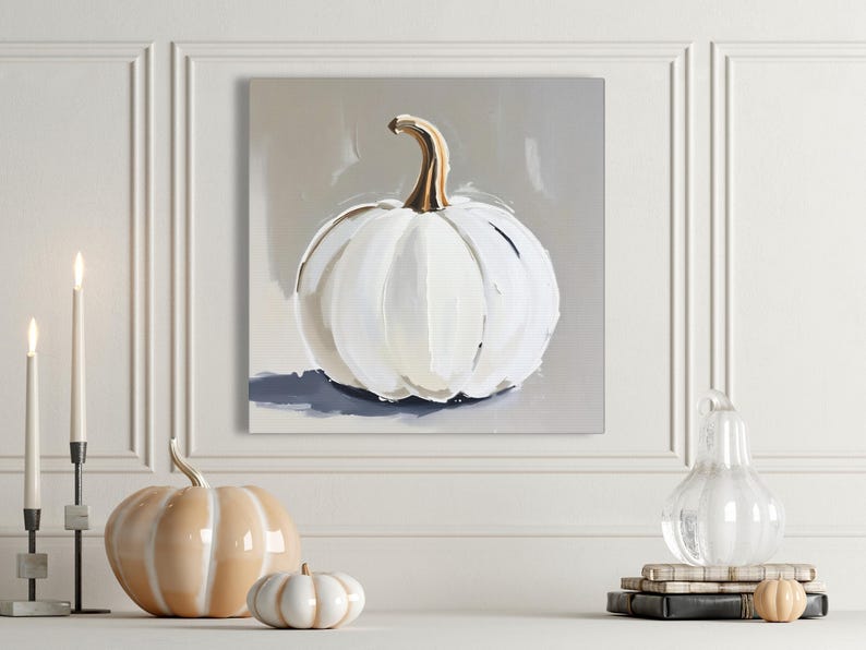 Pintura abstracta de calabaza blanca, decoración de pared otoñal en tonos beige y gris neutros, impresión artística otoñal de estilo rústico moderno, arte minimalista de Halloween en colores apagados imagen 1