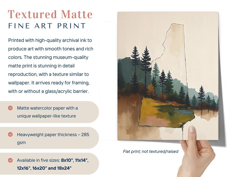 Abstract New Hampshire State Silhouette Wall Art Print, Mountain Pine Tree Forest Landscape Painting, Muted Color Green Blue & Beige Artwork image 3