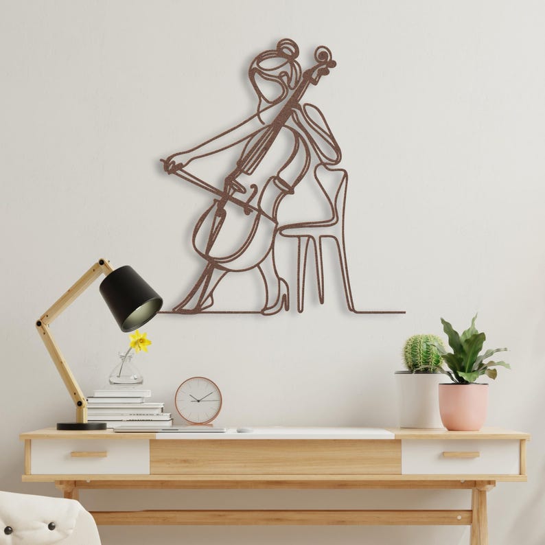 Cello speler metalen muur kunst, vrouwelijke cellist metalen bord, klassiek snaarinstrument muzikant metal kunst, orkest metalen muur hangend decor afbeelding 2