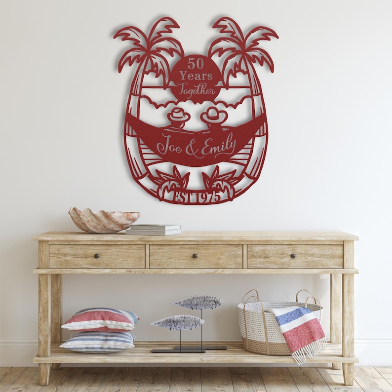 50th Anniversary Gift for Parents, 50 Years Together Tropical Beach Sunset Metal Name Sign Wall Art, Wedding Anniversary Gift for Couple image 9