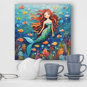 Mermaid Art Print • Whimsical Folk Art Painting • Eclectic Wall Decor • Fish & Sea Animals • Framed Canvas Poster Gift For Mermaid Lover Bild 6