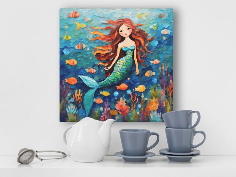 Mermaid Art Print • Whimsical Folk Art Painting • Eclectic Wall Decor • Fish & Sea Animals • Framed Canvas Poster Gift For Mermaid Lover Bild 6