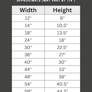 Puede incluir: Una gu&iacute;a de dimensiones con fondo gris oscuro y texto blanco. La gu&iacute;a enumera las medidas de ancho y alto en pulgadas, que van desde 30,5 cm x 22,9 cm hasta 149,9 cm x 112,5 cm. El texto "Need a custom size? Message me!" est&aacute; en la parte inferior.