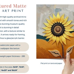 Puede incluir: Impresi&oacute;n art&iacute;stica de un girasol con p&eacute;talos amarillos y centro oscuro, sobre un fondo texturizado dorado, turquesa y gris. La impresi&oacute;n es sobre papel acuarela mate y est&aacute; disponible en varios tama&ntilde;os.