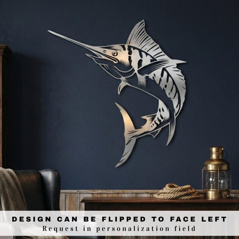 Silver raw steel sailfish art on a dark blue wall, modern deep sea fishing decor.