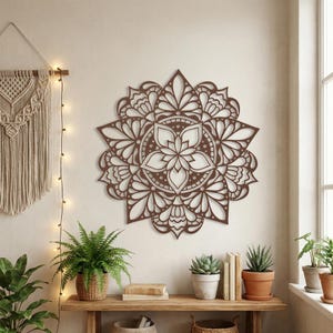 Rust colored spiritual flower sign, earthy meditation room art.
