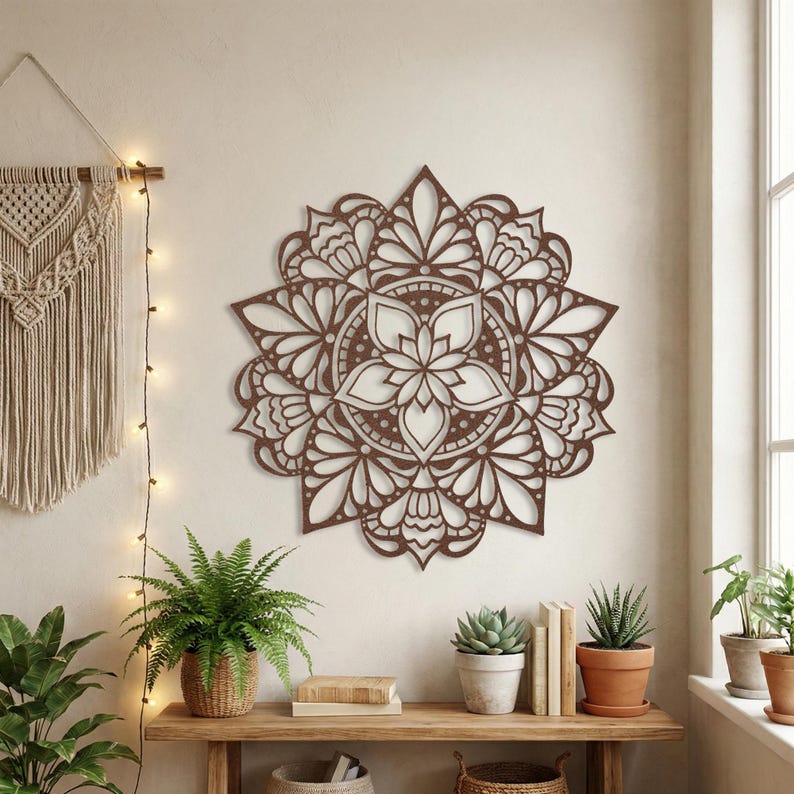 Rust colored spiritual flower sign, earthy meditation room art.