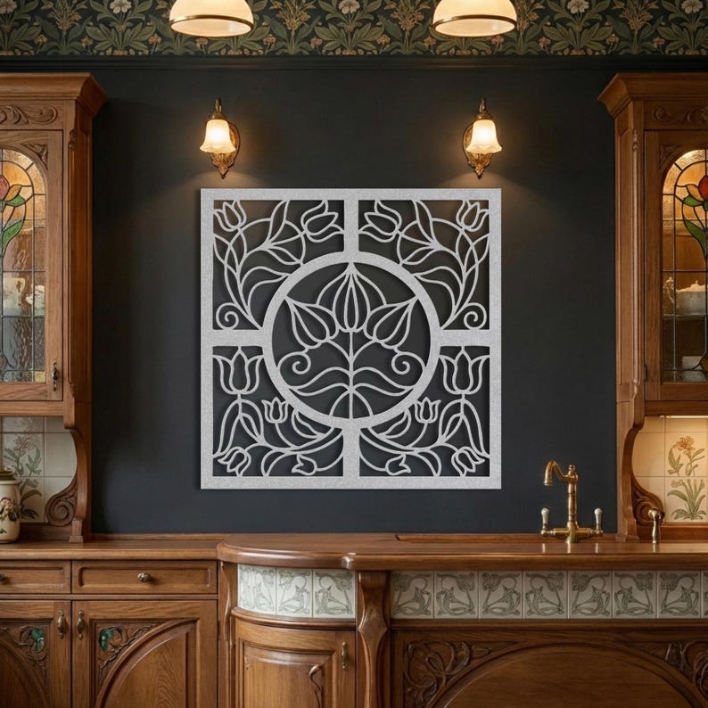 Silver art nouveau wall panel in victorian kitchen, mackintosh style decor.