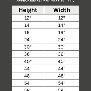 Puede incluir: Una gu&iacute;a de dimensiones con medidas de altura y anchura en cent&iacute;metros, que van desde 30,5 cm hasta 150 cm. El texto "DIMENSIONS GUIDE" est&aacute; en la parte superior, con "APPROXIMATE (MAY VARY BY 1/4")" debajo. El texto inferior dice "NEED A CUSTOM SIZE? MESSAGE ME!"