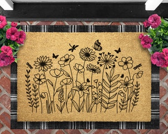 Wildflower Doormat: Butterfly & Dragonfly Floral Welcome Mat Coir Outdoor Rug, Entryway Front Porch Decor