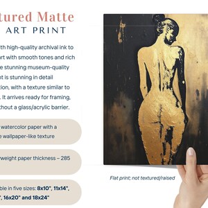 Pintura abstracta de figura femenina, retrato de espaldas, impresión artística de pared con silueta femenina, decoración moderna contemporánea en dorado y negro para el hogar. imagen 3