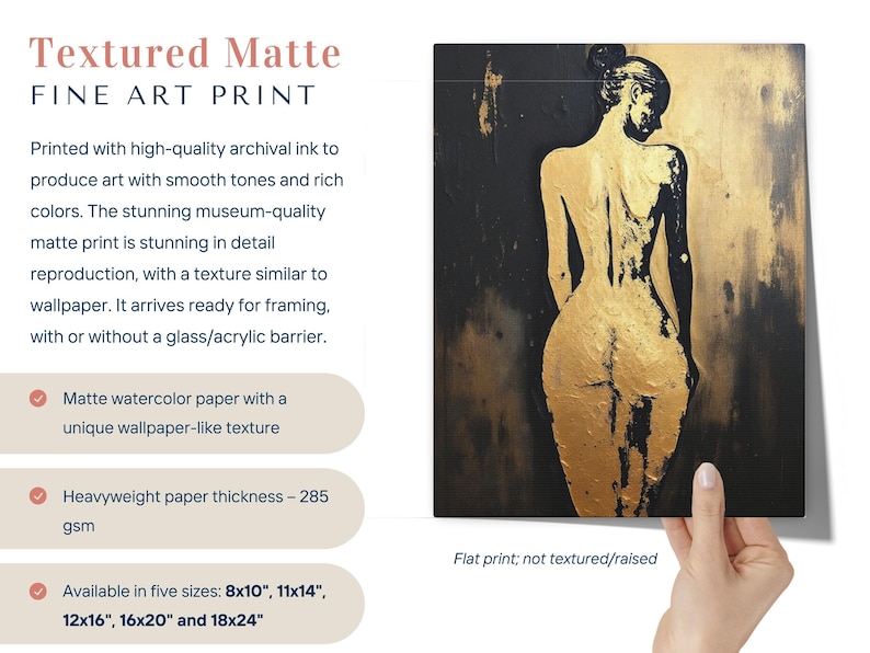 Pintura abstracta de figura femenina, retrato de espaldas, impresión artística de pared con silueta femenina, decoración moderna contemporánea en dorado y negro para el hogar. imagen 3