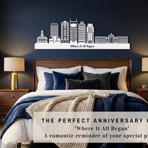 May include: A white skyline silhouette with the text "Where it all began" above a bed with a wooden headboard. The room has a navy blue wall, two bedside tables with lamps, and a cosy bedspread.