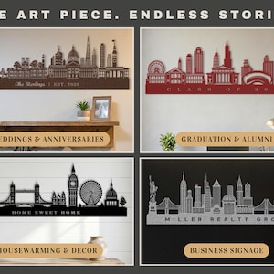 May include: Four metal skyline art pieces in brown, red, black, and silver. Each piece features a different city skyline design with text such as "The Starlings EST. 2026", "CLASS OF 2026", "HOME SWEET HOME", and "MILLER REALTY GROUP".