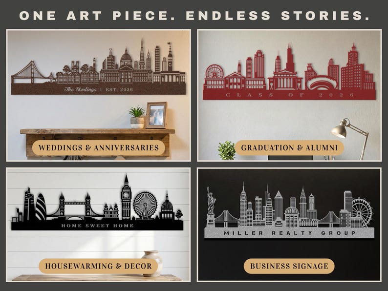 May include: Four metal skyline art pieces in brown, red, black, and silver. Each piece features a different city skyline design with text such as "The Starlings EST. 2026", "CLASS OF 2026", "HOME SWEET HOME", and "MILLER REALTY GROUP".