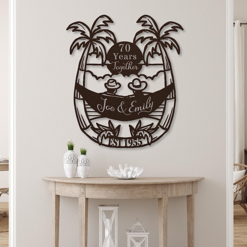 70th Anniversary Gift for Parents, 70 Years Together Tropical Beach Sunset Metal Name Sign Wall Art, Wedding Anniversary Gift for Couple image 1