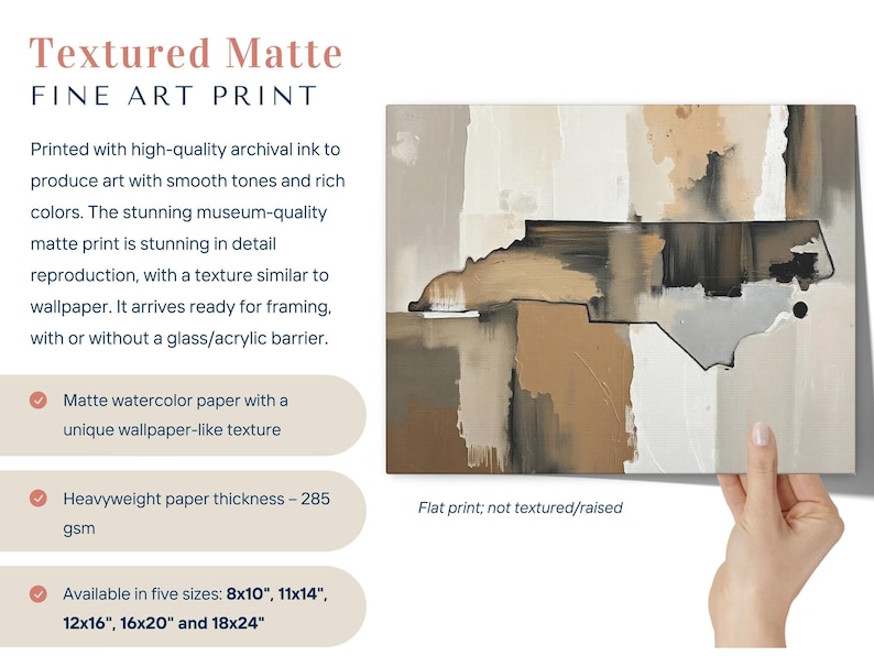 Abstract North Carolina State Silhouette Wall Art Print, Modern Minimalist Painting in Neutral Muted Color Artwork, Brown Beige Gray Decor image 3