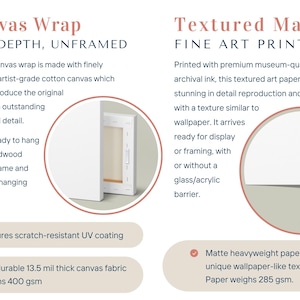 The image is a comparison between two types of art prints: a canvas wrap and a textured matte fine art print.