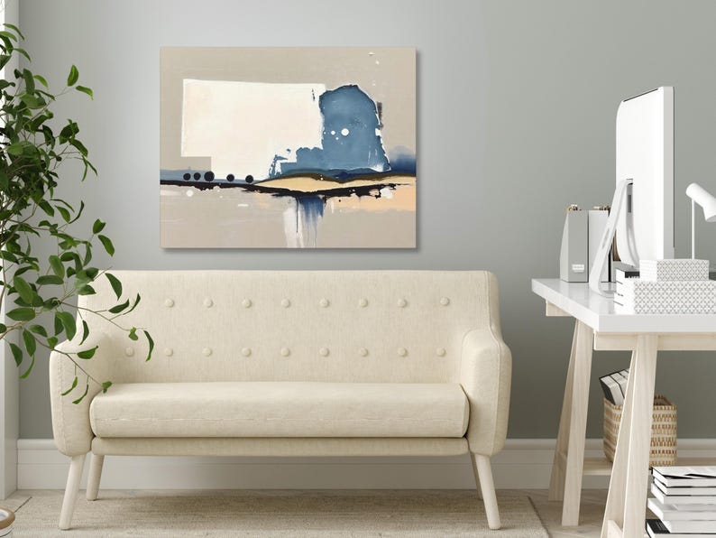 Abstract Nebraska State Silhouette Wall Art Print, Modern Minimalist Landscape Painting In Neutral Blue And Beige Muted Color Artwork Decor image 7