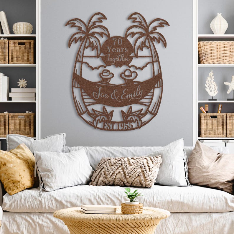 70th Anniversary Gift for Parents, 70 Years Together Tropical Beach Sunset Metal Name Sign Wall Art, Wedding Anniversary Gift for Couple image 13