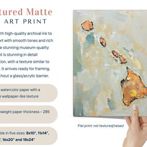 Impresión artística de pared con silueta abstracta del estado de Hawái, pintura texturizada minimalista moderna en colores neutros y apagados, decoración en azul aguamarina y naranja. imagen 3