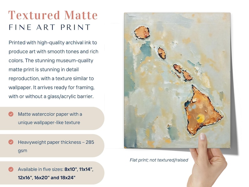 Impresión artística de pared con silueta abstracta del estado de Hawái, pintura texturizada minimalista moderna en colores neutros y apagados, decoración en azul aguamarina y naranja. imagen 3