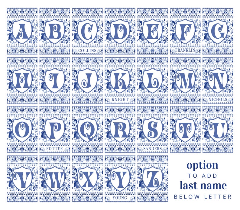 May include: A set of 26 alphabet tiles with blue and white Delft-inspired designs. Each tile features a letter in a shield shape with a floral pattern. The tiles are arranged in rows of four, with the last row having only three tiles. The last tile in the last row has the word "YOUNG" below the letter "Z".