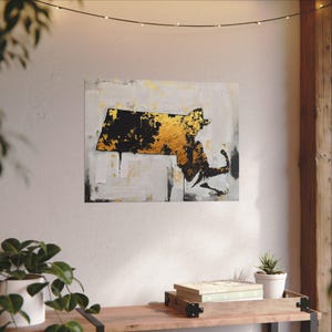 Abstract Massachusetts State Silhouette Wall Art Print, Modern Minimalist Painting In Gold Black And Gray Color Urban Grunge Artwork Decor image 8