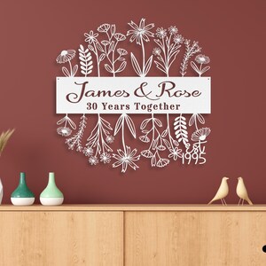 30th Wedding Anniversary Gift for Parents, 30 Years Together Wildflower Metal Name Sign Wall Art, Custom Flower Anniversary Gift for Husband image 11