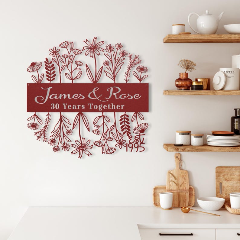 30th Wedding Anniversary Gift for Parents, 30 Years Together Wildflower Metal Name Sign Wall Art, Custom Flower Anniversary Gift for Husband image 14