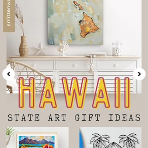 The image is a collage of various artworks and decorative items related to Hawaii, including a painting of the state map, a framed landscape painting, and a framed illustration of a tropical scene.