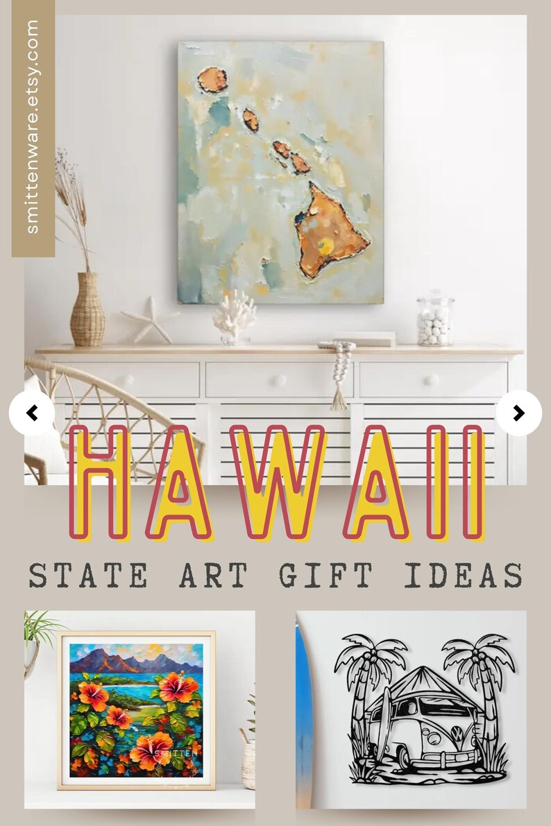 The image is a collage of various artworks and decorative items related to Hawaii, including a painting of the state map, a framed landscape painting, and a framed illustration of a tropical scene.