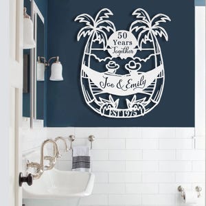 50th Anniversary Gift for Parents, 50 Years Together Tropical Beach Sunset Metal Name Sign Wall Art, Wedding Anniversary Gift for Couple image 11