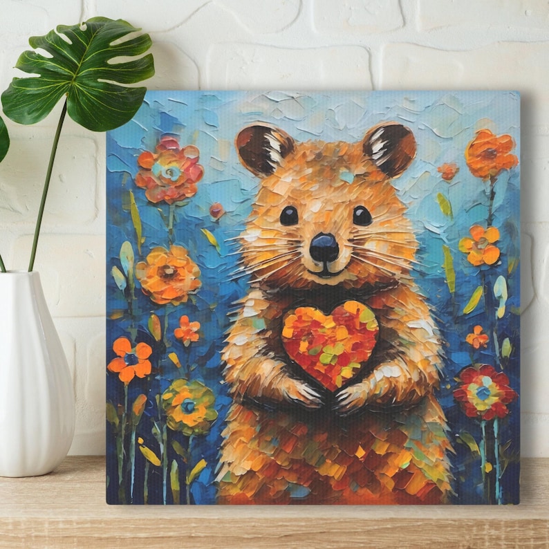 Impresión artística de Quokka sobre lienzo enmarcado o papel de póster, obra de arte en pintura, lindo animal con corazón y flores, regalo de decoración de San Valentín para ella imagen 1