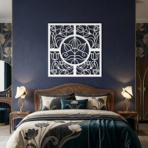 Modern square wall art, white metal craftsman panel bedroom decor.