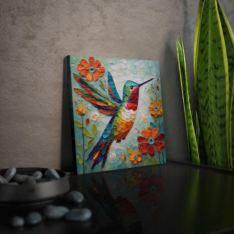 Hummingbird Art Print • Whimsical Folk Art Painting • Eclectic Wall Decor • Bird & Flowers • Framed Canvas Poster Gift for Hummingbird Lover image 5