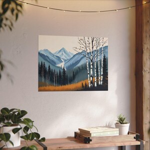 Birch Tree Painting, Neutral Mountain Landscape Art Print, Muted Blue Green Forest River Valley Nature Scene Wall Art, Fall Home Wall Decor Bild 9
