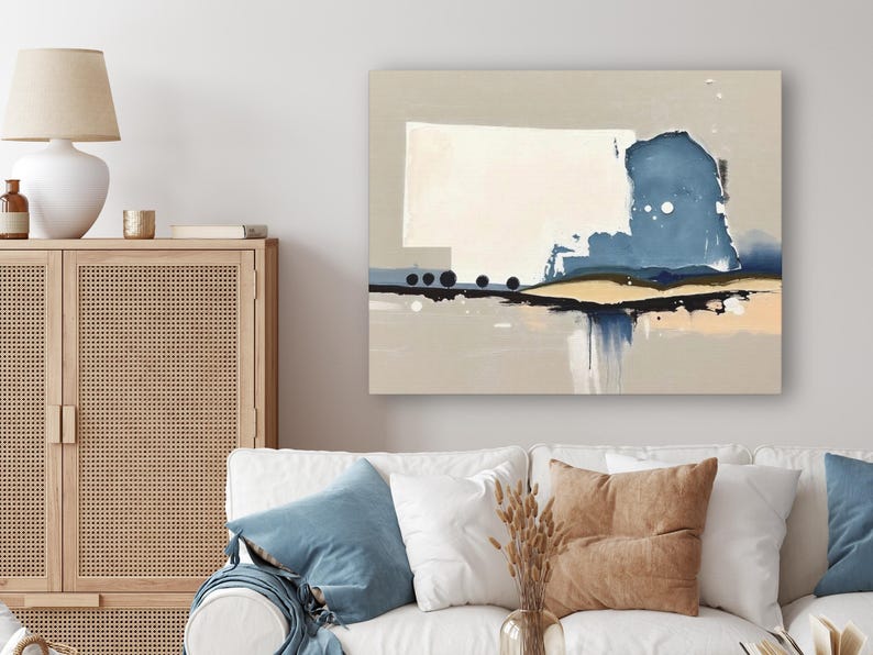 Abstract Nebraska State Silhouette Wall Art Print, Modern Minimalist Landscape Painting In Neutral Blue And Beige Muted Color Artwork Decor image 1