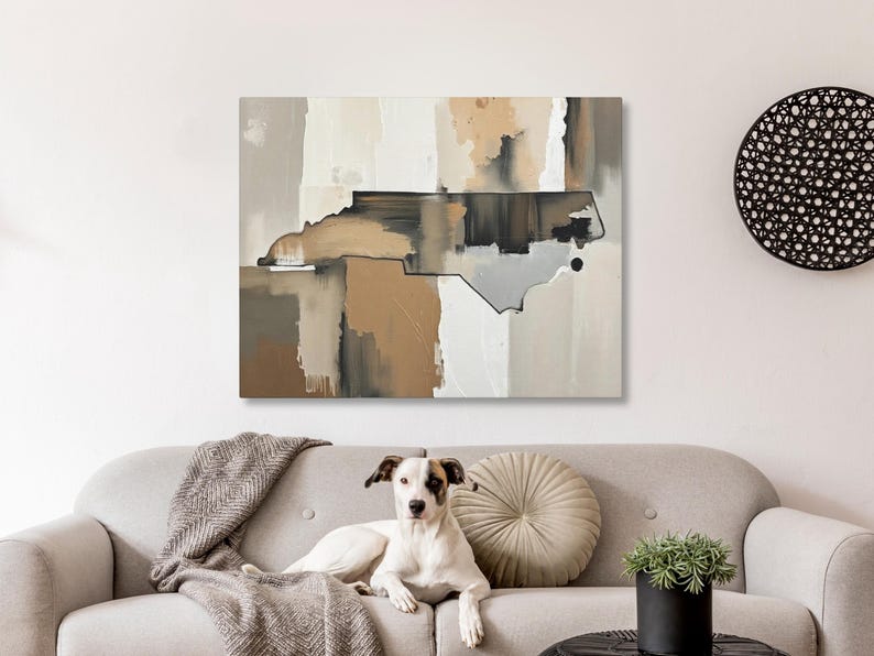 Abstract North Carolina State Silhouette Wall Art Print, Modern Minimalist Painting in Neutral Muted Color Artwork, Brown Beige Gray Decor image 1