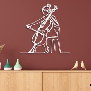 Cello speler metalen muur kunst, vrouwelijke cellist metalen bord, klassiek snaarinstrument muzikant metal kunst, orkest metalen muur hangend decor afbeelding 9