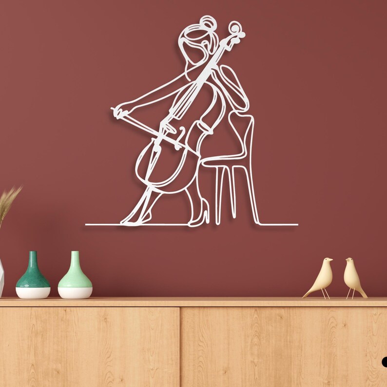 Cello speler metalen muur kunst, vrouwelijke cellist metalen bord, klassiek snaarinstrument muzikant metal kunst, orkest metalen muur hangend decor afbeelding 9