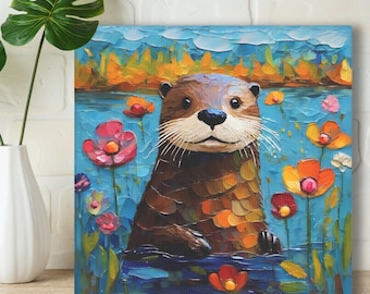 Impresión artística de nutria • Pintura de arte popular caprichosa • Decoración de pared ecléctica • Animales y flores del bosque • Póster en lienzo enmarcado Regalo para amantes de las nutrias