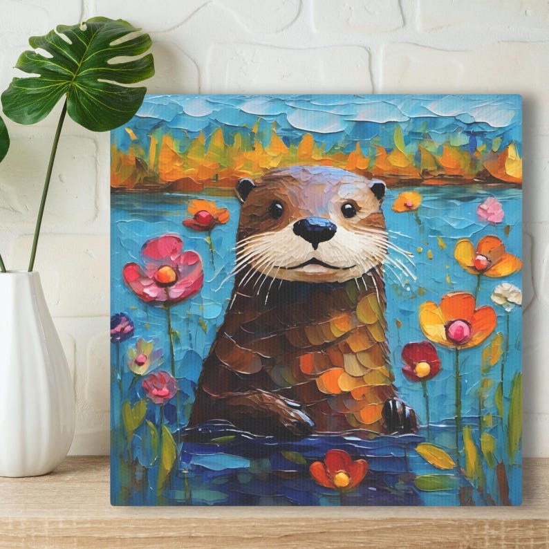 Otter Art Print • Whimsical Folk Art Painting • Eclectic Wall Decor • Woodland Animal & Flowers • Framed Canvas Poster Gift For Otter Lover Bild 1